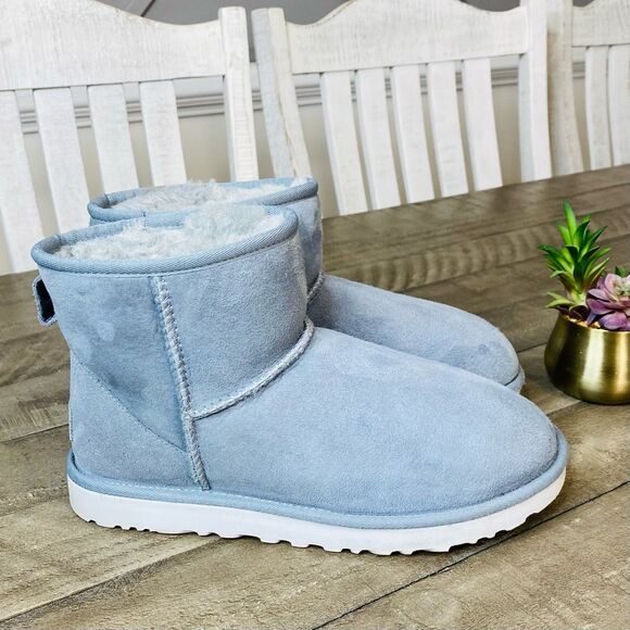 UGG Shoes - UGG Classic Mini Boot Pull On Short Light Blue Suede Sherpa Women’s Size 9